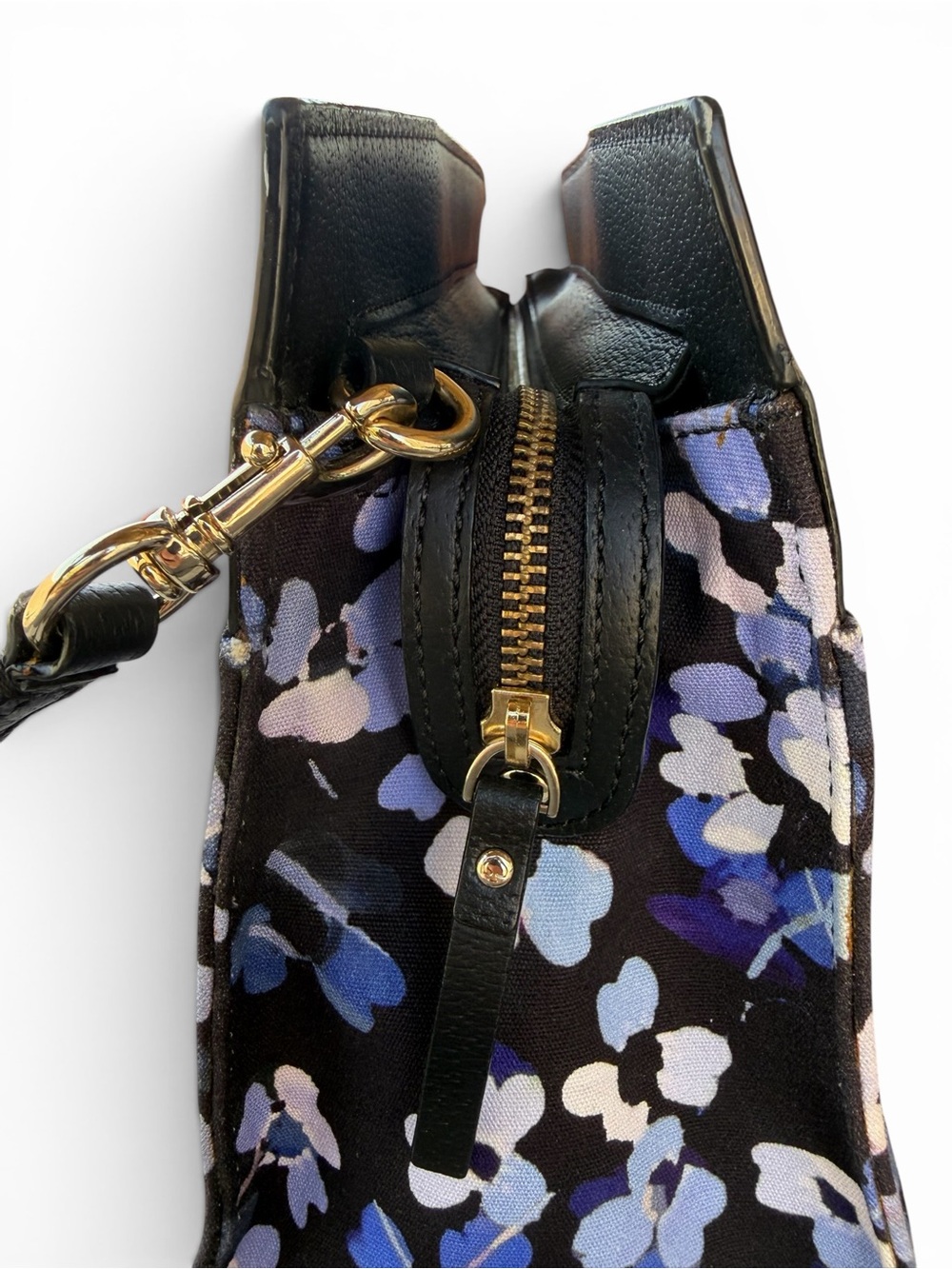 Kate Spade New York Floral Tote Bag Black Leather Top Blue Flower Print - Picture 4 of 10